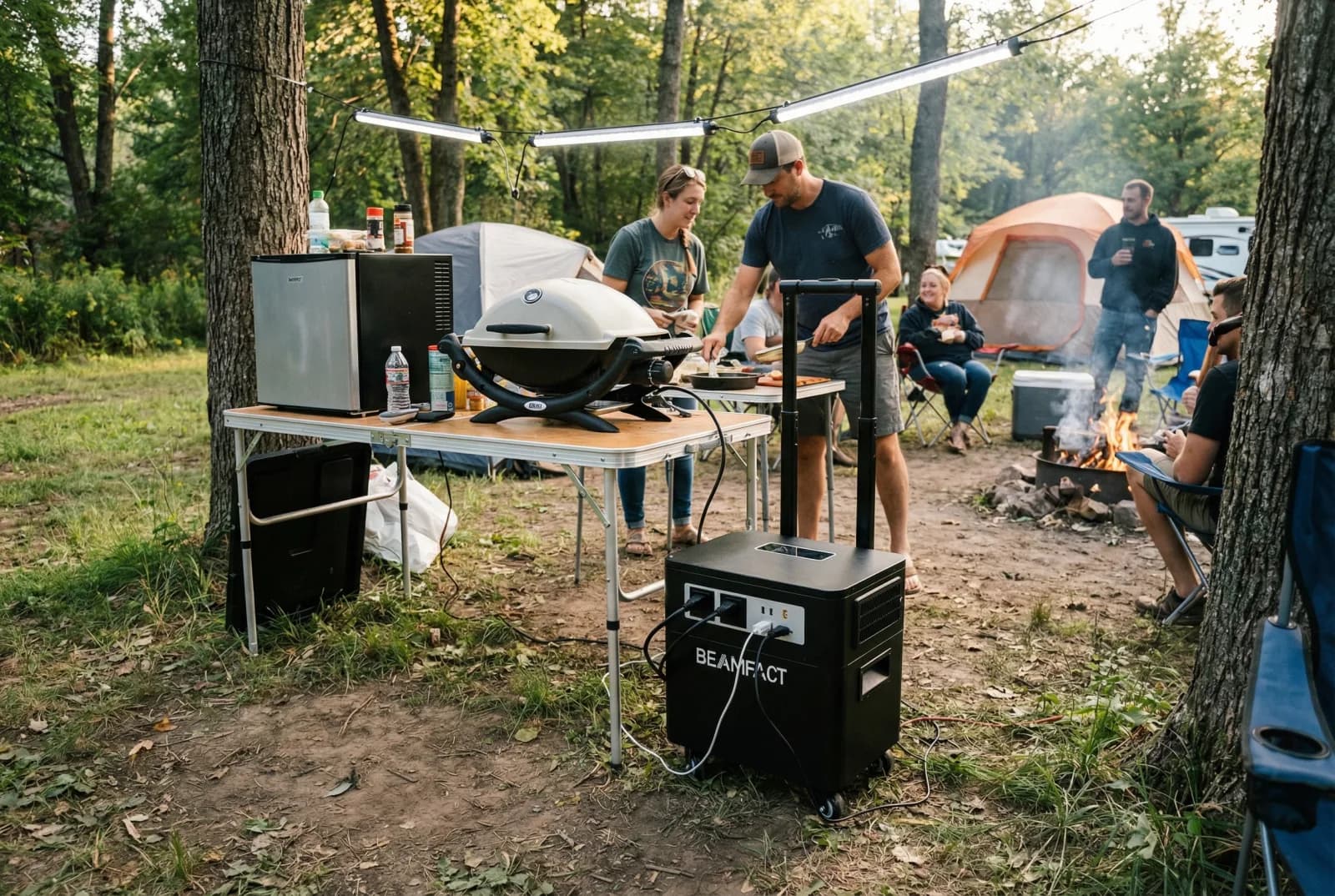 Portable power station at a campsite kitchen powering lights and grill with family gathering