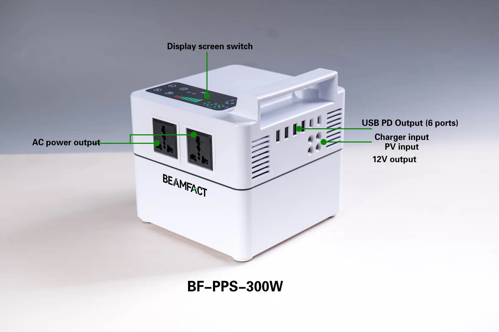 BF-PPS-300W compact portable power station — 2.6kg unit with USB, PD, DC, and AC outputs