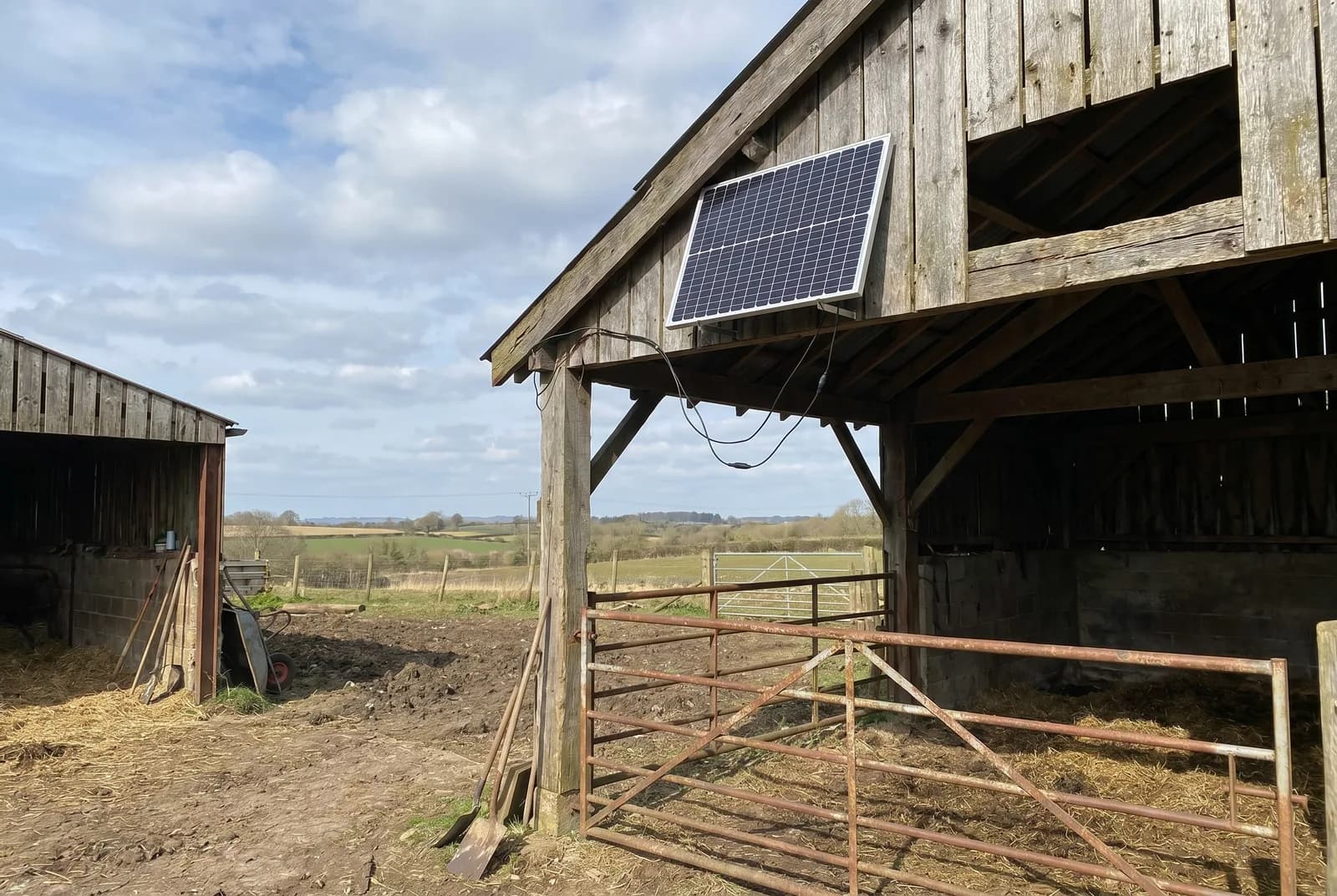 Rigid solar panel wall-mounted on a farm barn for agricultural monitoring