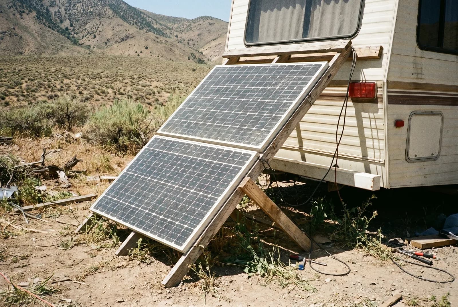 Two rigid solar panels on ground-mount rack beside an off-grid RV in desert terrain