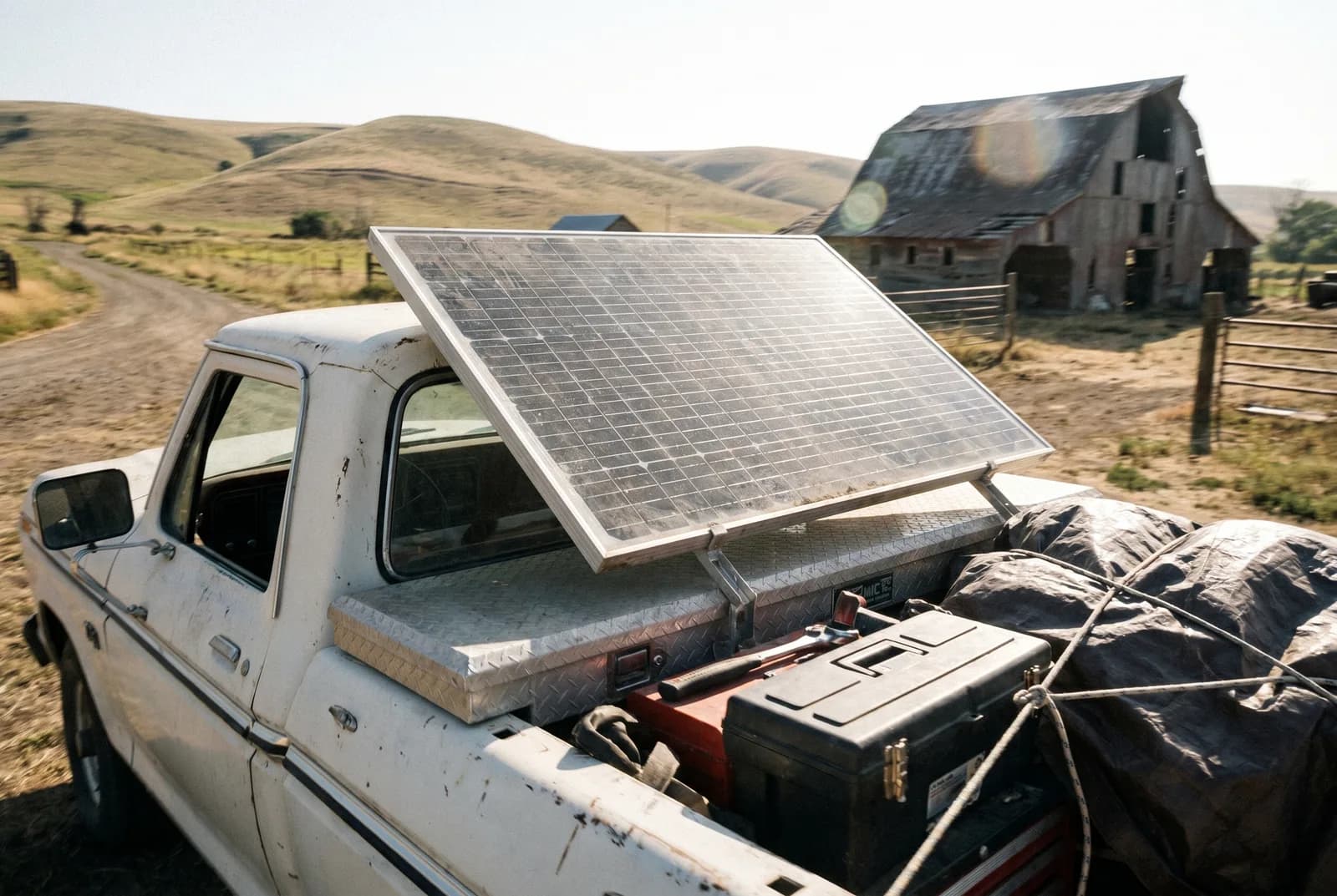Rigid solar panel mounted on a pickup truck bed for mobile off-grid power