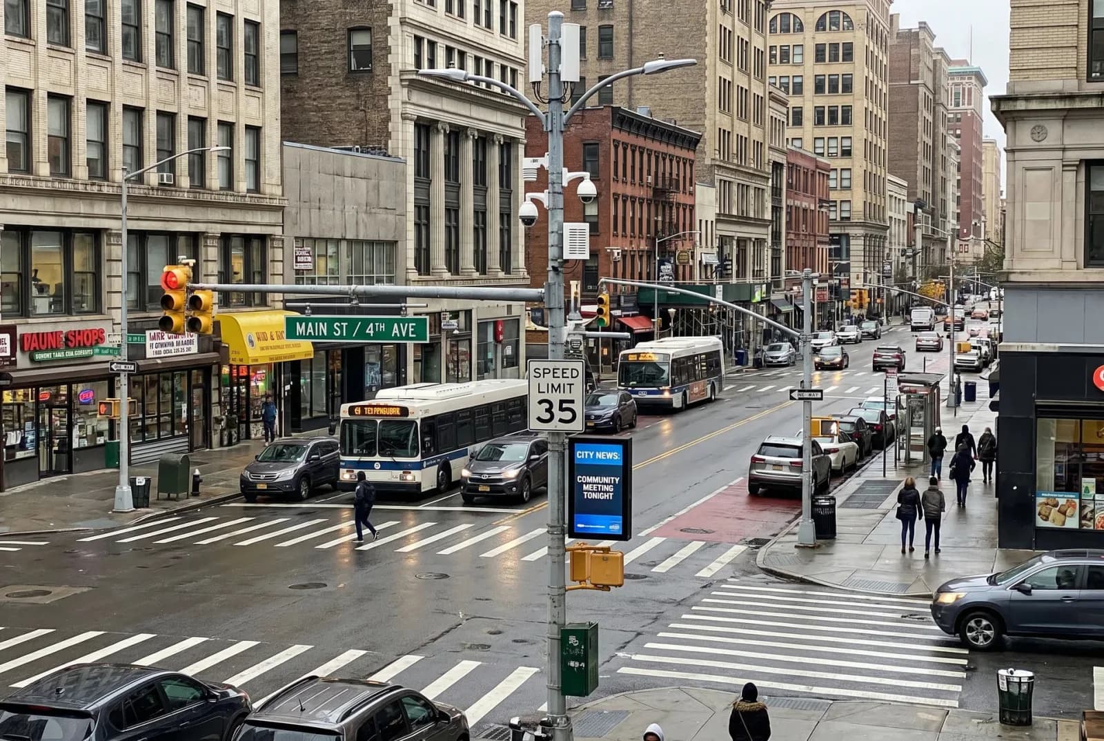 BF-SMP-T Series traffic smart pole at an urban intersection — integrated LED information display, surveillance camera, and speed limit signage
