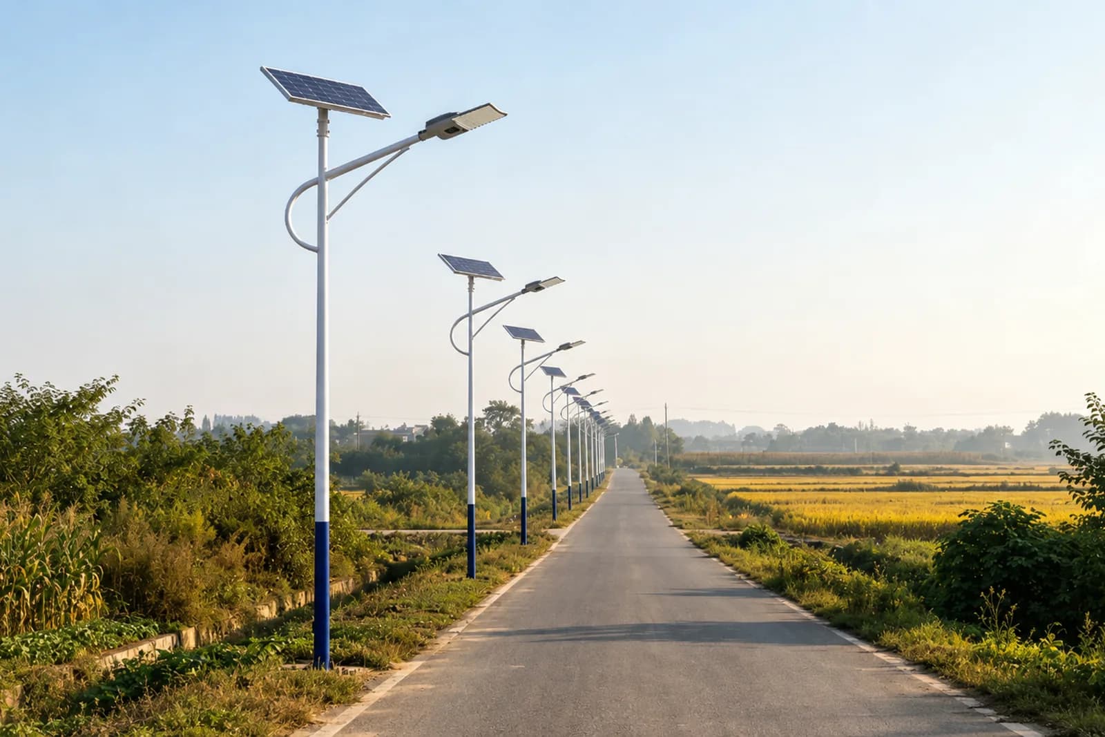 Split solar street lights along a rural road by day — solar panel on a top bracket, lamp head on the arm below, poles on one side of the carriageway