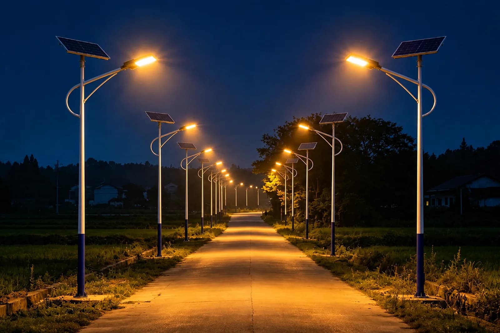 The same rural road after dark — lamp heads on the arms lighting the carriageway and both verges between poles