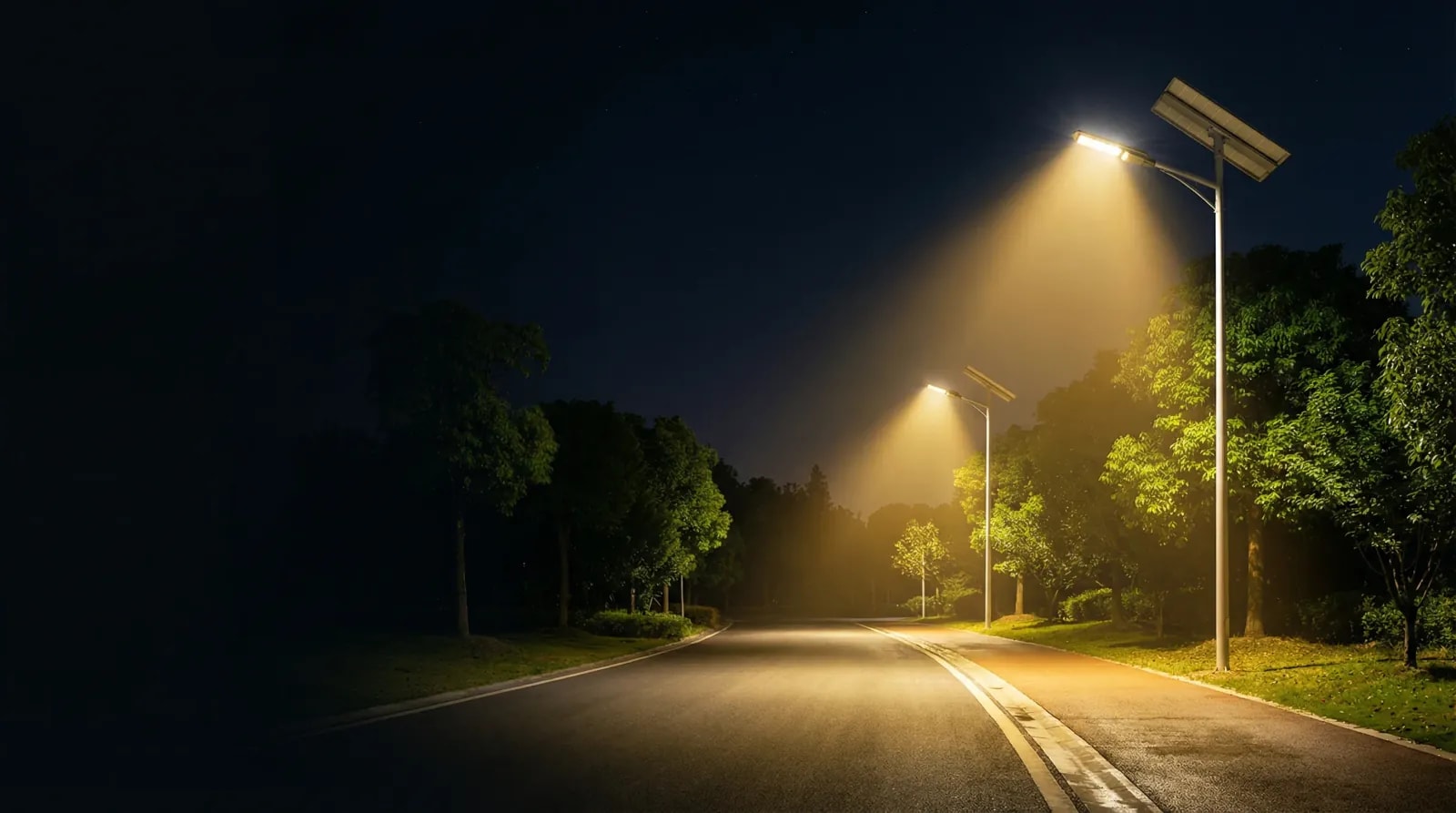 Solar street lights illuminating a road after dark