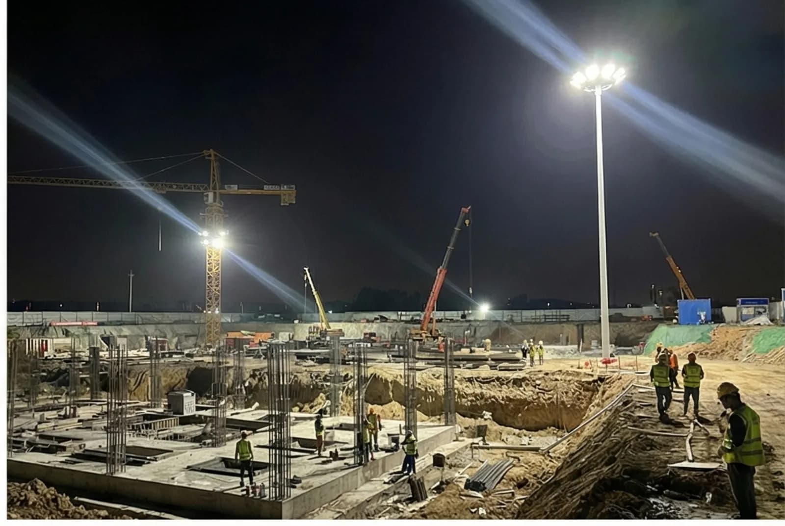 LED flood lights illuminating a construction site at night