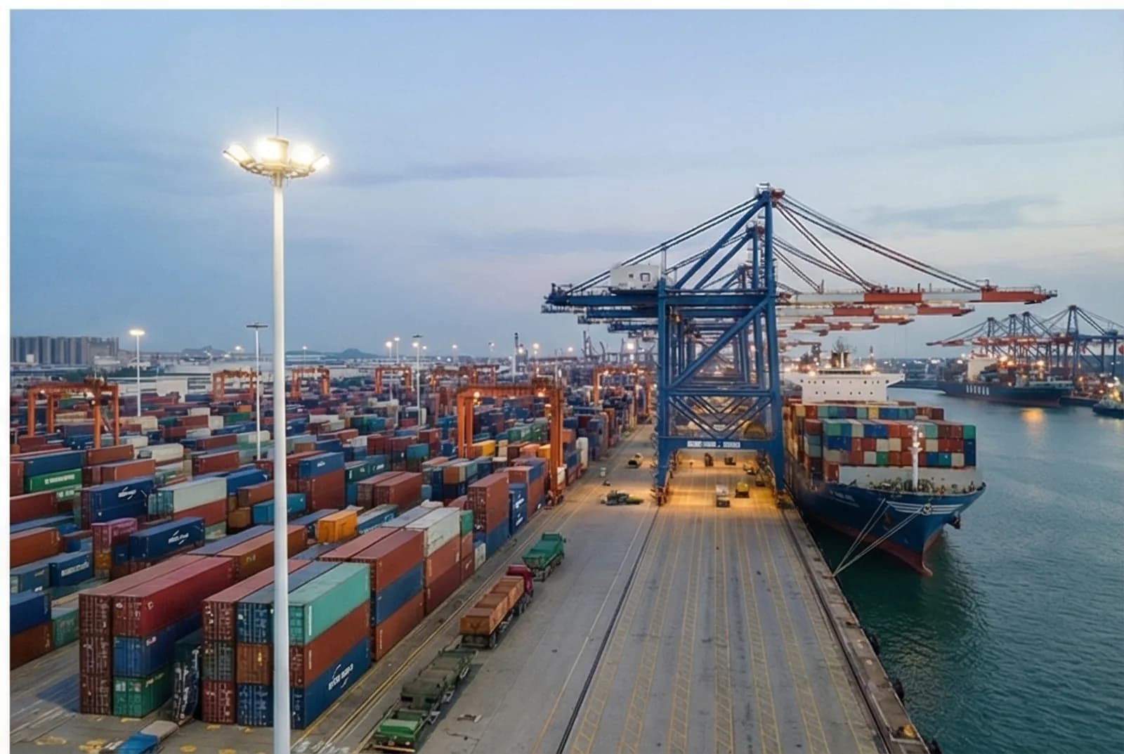 LED flood lights on high poles illuminating a shipping port terminal at dusk
