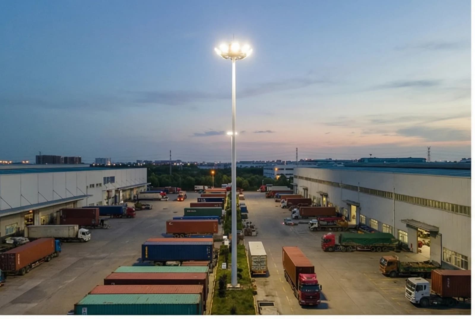 LED flood lights illuminating a warehouse and logistics yard at dusk
