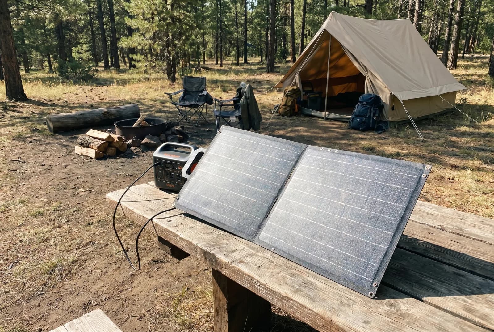 Mid-power foldable solar panel powering a portable station at a forest campsite
