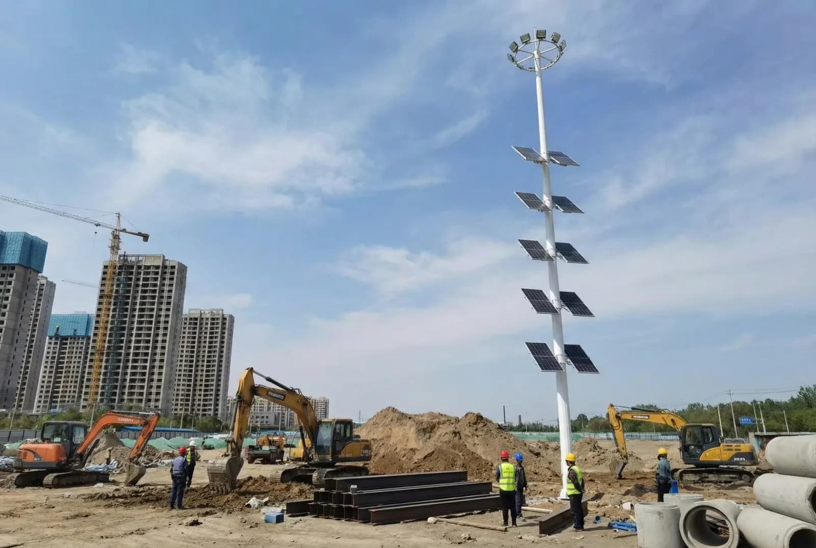 Solar flood lights on high pole at a construction site
