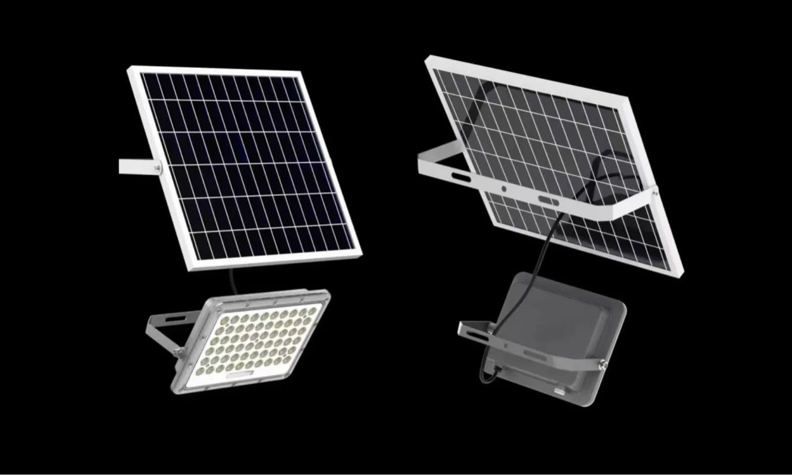 BF-SFL-26 Series split-type solar flood light — front and rear views showing solar panel and LED head connected by cable