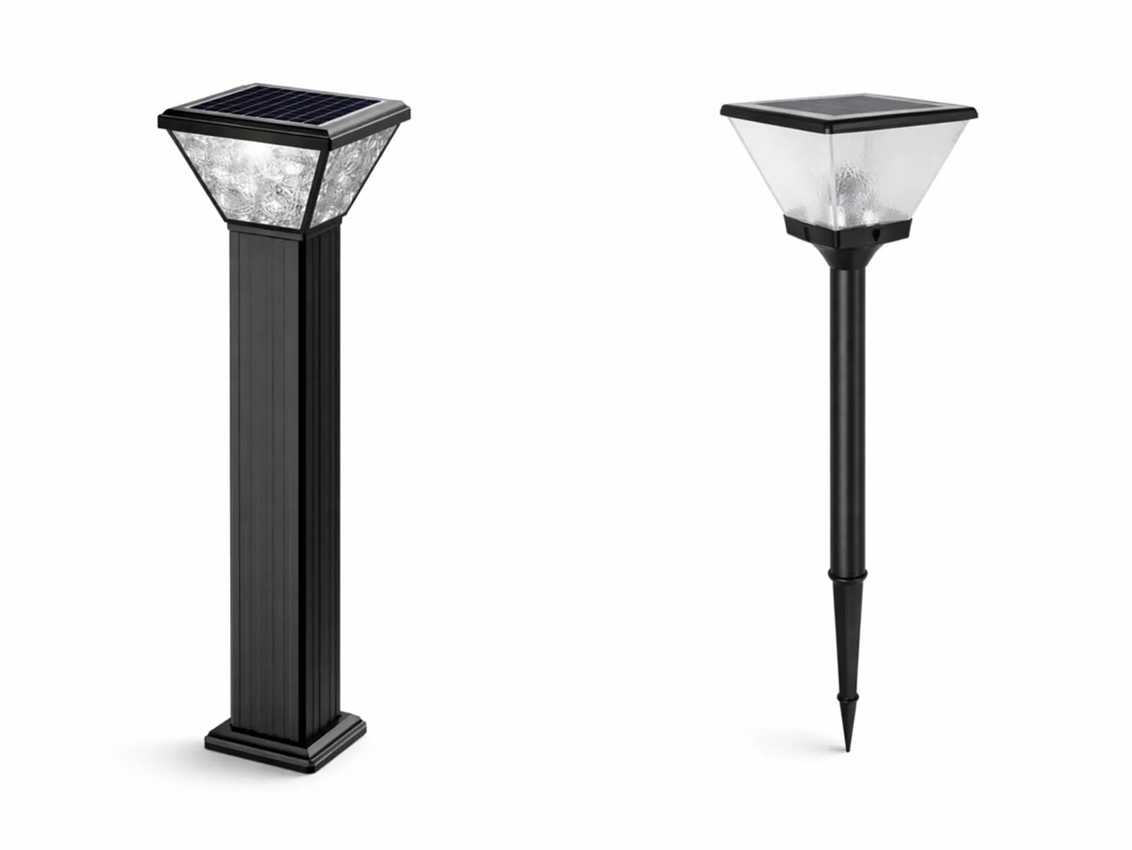 BF-SGL-18-S1 base-mount and BF-SGL-18-S2 ground-stake square solar landscape lights side by side