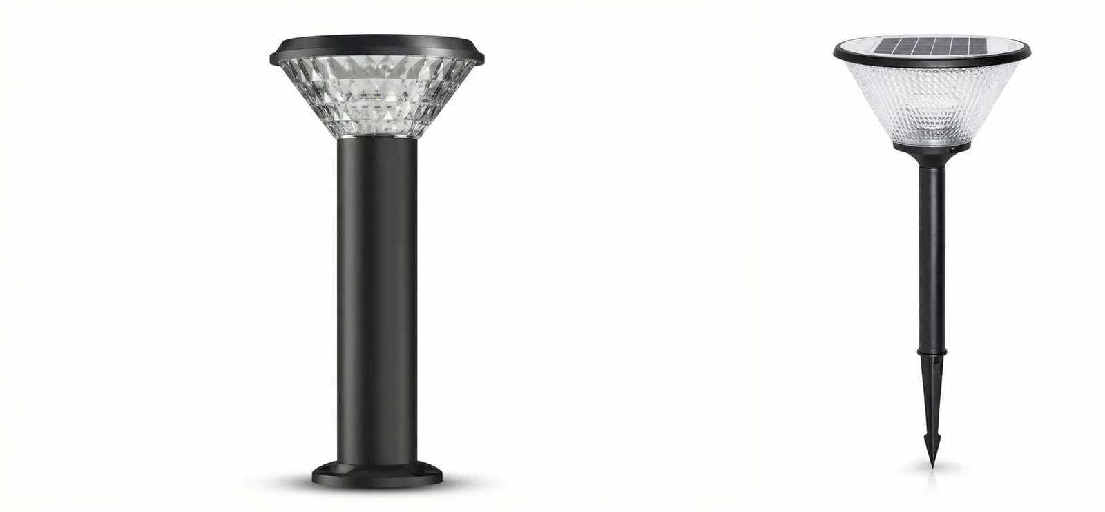 BF-SGL-18-R1 base-mount and BF-SGL-18-R2 ground-stake round solar landscape lights side by side