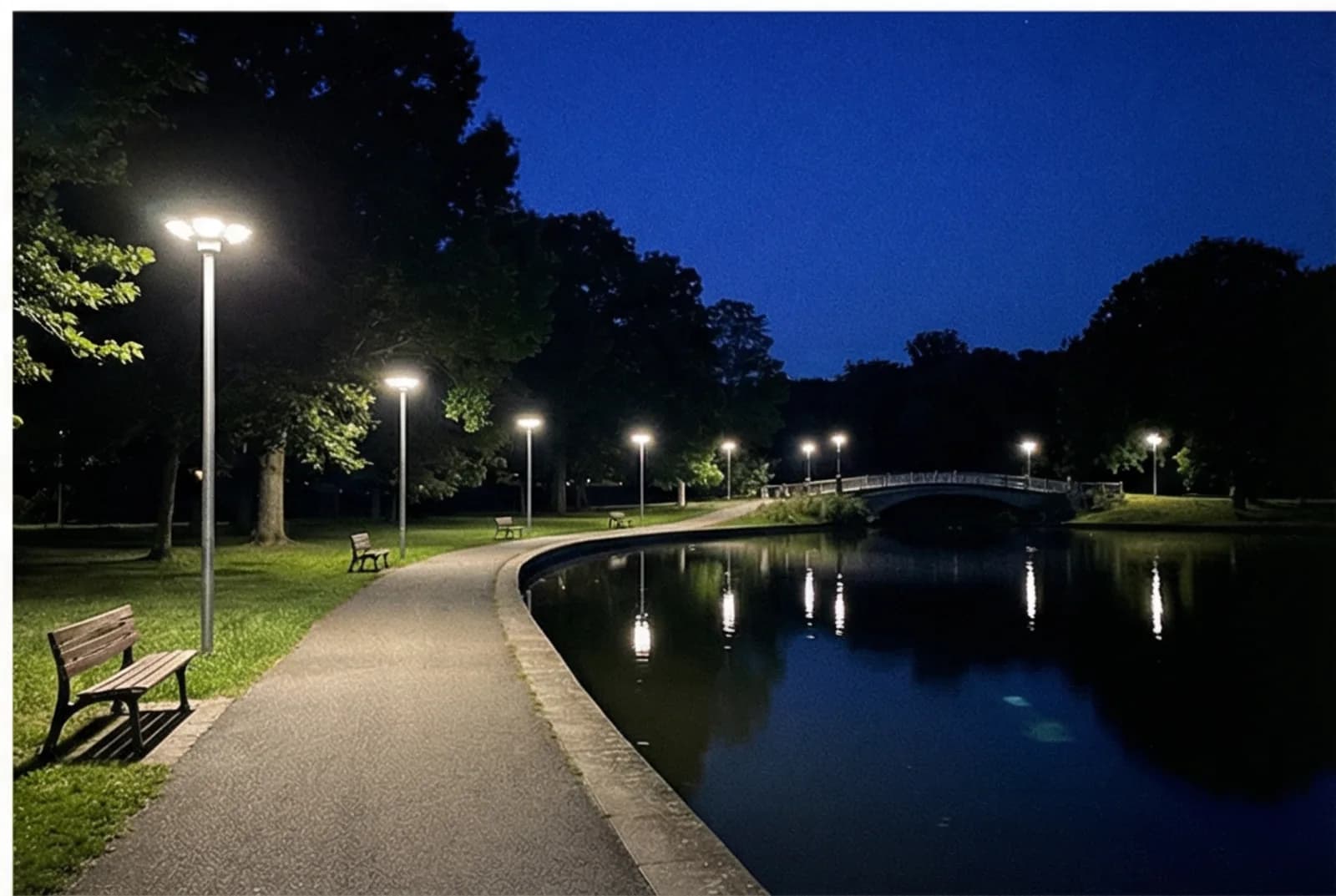 Solar landscape lights along a park lakeside pathway at night