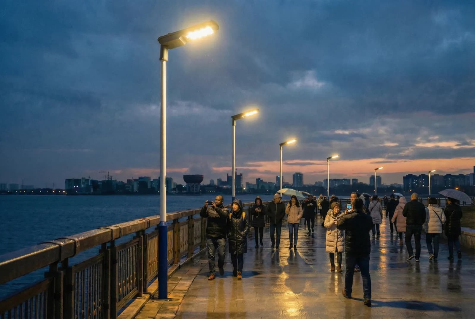 Solar street lights illuminating an urban waterfront walkway at dusk — all-in-one units along a riverside promenade lighting a public pathway