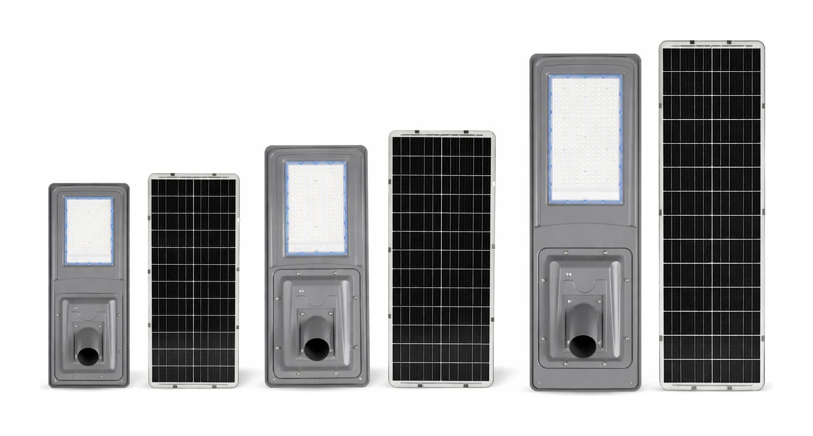 BF-SSL-20 Series entry-level solar street light series — 12W/20W/30W all-in-one models scaled to real product size ratio, showing front LED panel and rear monocrystalline solar panel integration