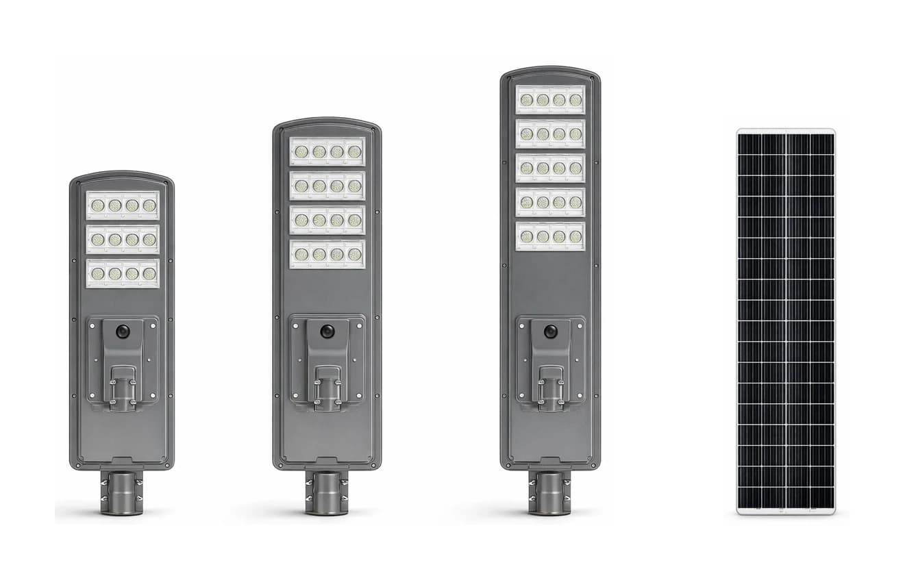 BF-SSL-21 Series commercial-grade solar street light series — 20W/30W/35W all-in-one models with multi-segment front LED array and integrated monocrystalline solar panel