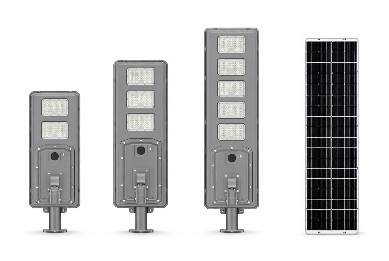 BF-SSL-22 Series high-power solar street light series — three sizes with deep-body housing, multi-segment front LED array, and integrated monocrystalline solar panel