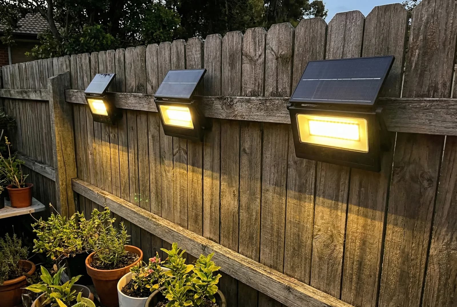 Solar wall lights installed along a fence for garden perimeter lighting
